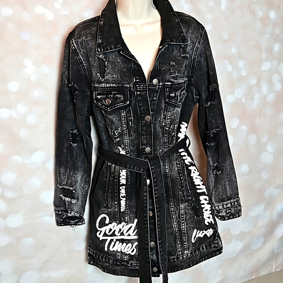 American Bazi Jackets & Blazers - American Bazi | Distressed Black Denim Trench With Grafitti